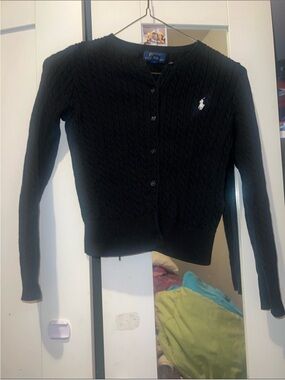 Polo by Ralph Lauren Black Cable Knit Cardigan with White Pony